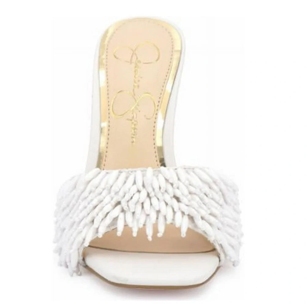 Jessica Simpson Olya Beaded Fringe Heels | White Slide Sandals | Size 9.5